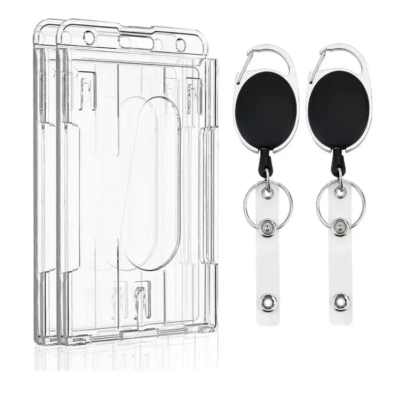 Transparent Double Cards Slots ID Tag Badge Holder with Badge Reel 2 Cards Storage Organizer Employee Pass Work Card Case Sleeve image 2