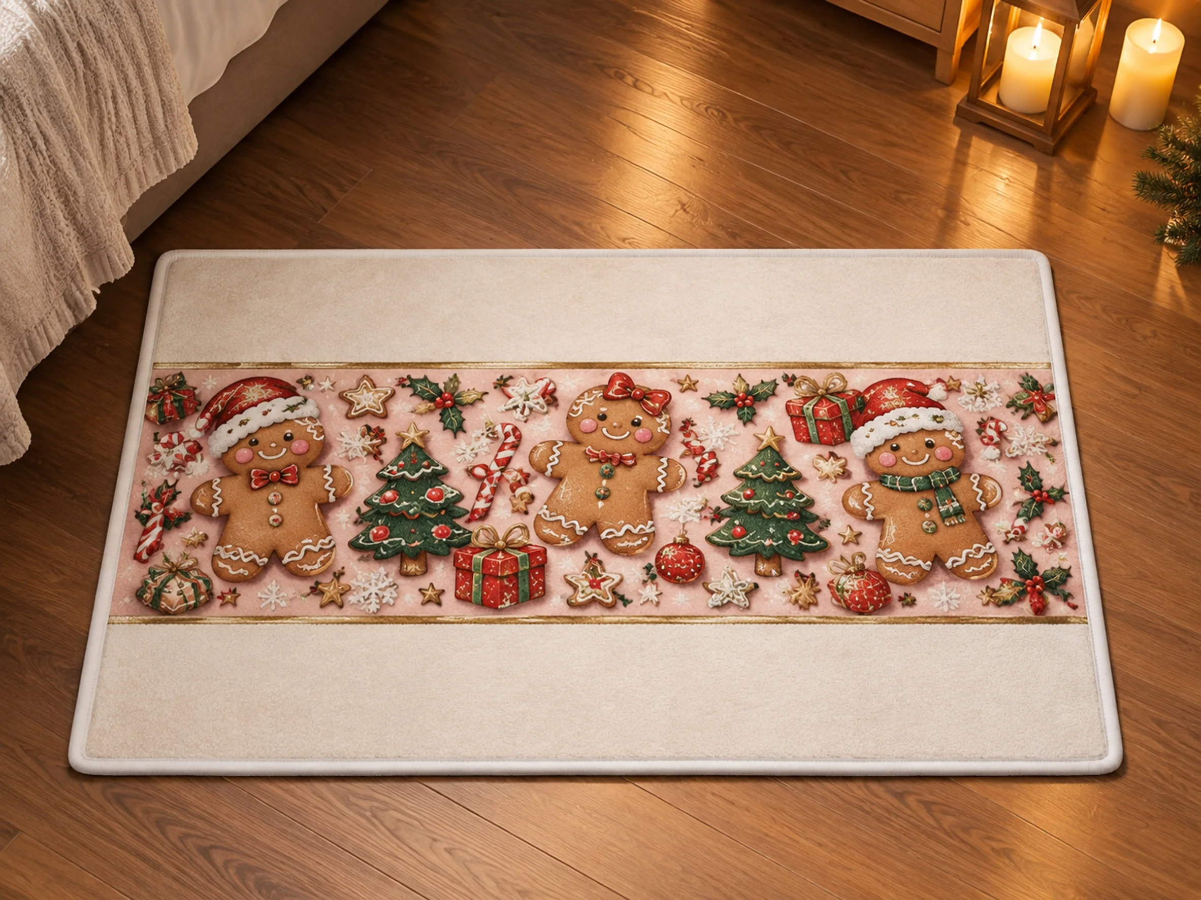 VIKAMA Christmas Pink Gold Gingerbread Flannel Door Mat, Soft Flannel Non-Slip Mat, Xmas Decor for Dining Room, Guest Room