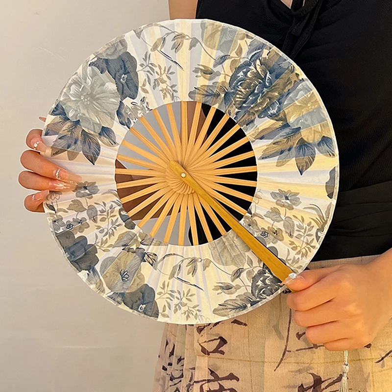 Chinese Style Bamboo Folding Fan Portable Hand Shaking Cheongsam Hanfu Ancient Ink Silk Fan Summer Cooling Traditional Accessory