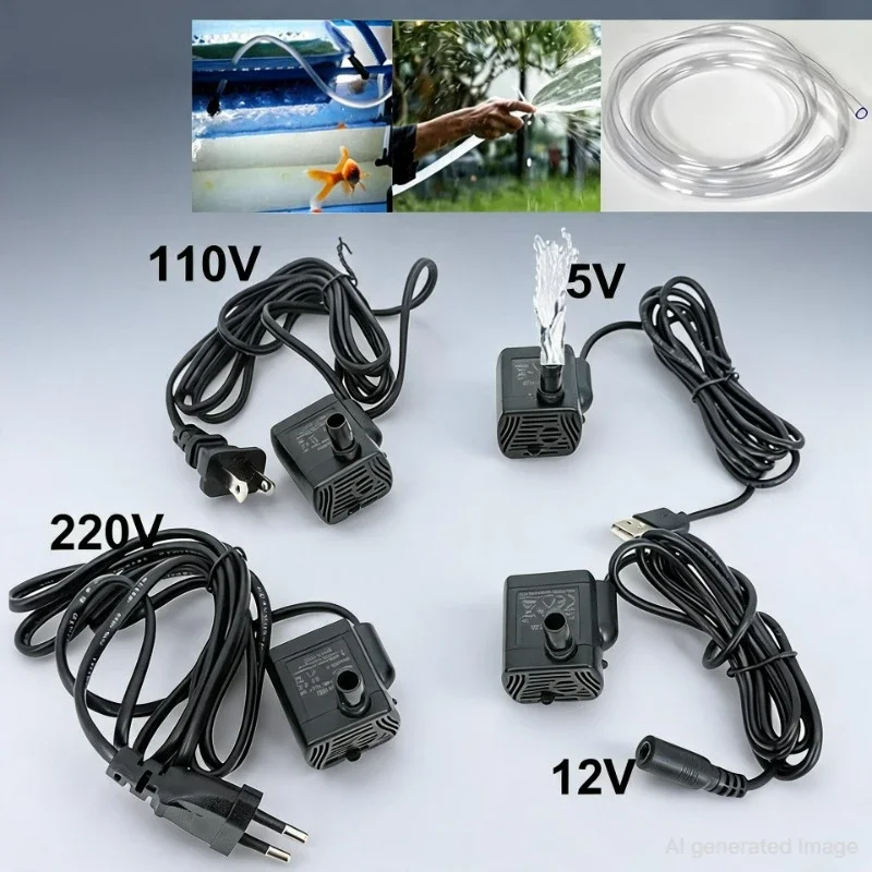 Pompa per acqua da fontana subacquea ultra silenziosa, mini, senza spazzole, AC DC 220V 12V USB, 200-400L/H, per acquari, pompa per circolazione dell'acqua in vasche per pesci