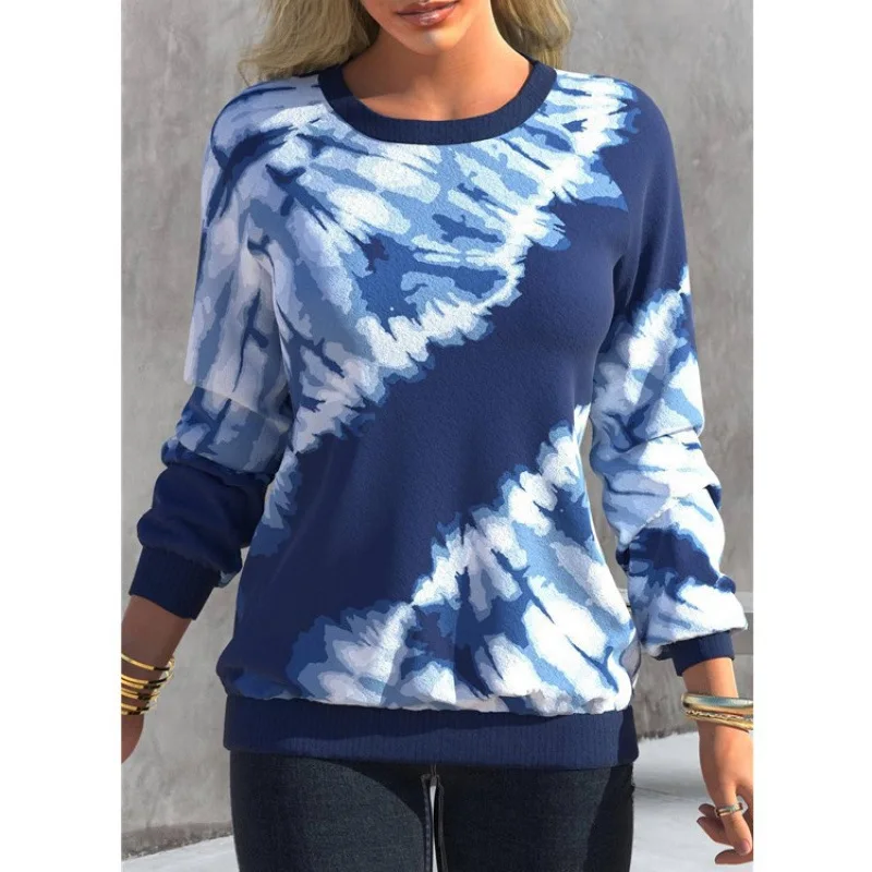 Hoodies women 2026 casual autumn tie-dye printed new round neck long-sleeve casual loose sweatshirt women's clothing