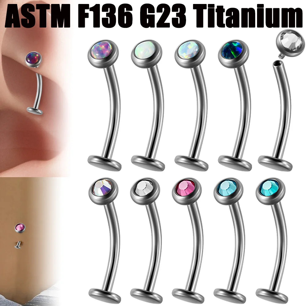 1PC G23 Titanium Crystal&Opal Internally Threaded Navel Ring Belly Button Curved Rod Earring Studs Chic Piercing Body Jewelry