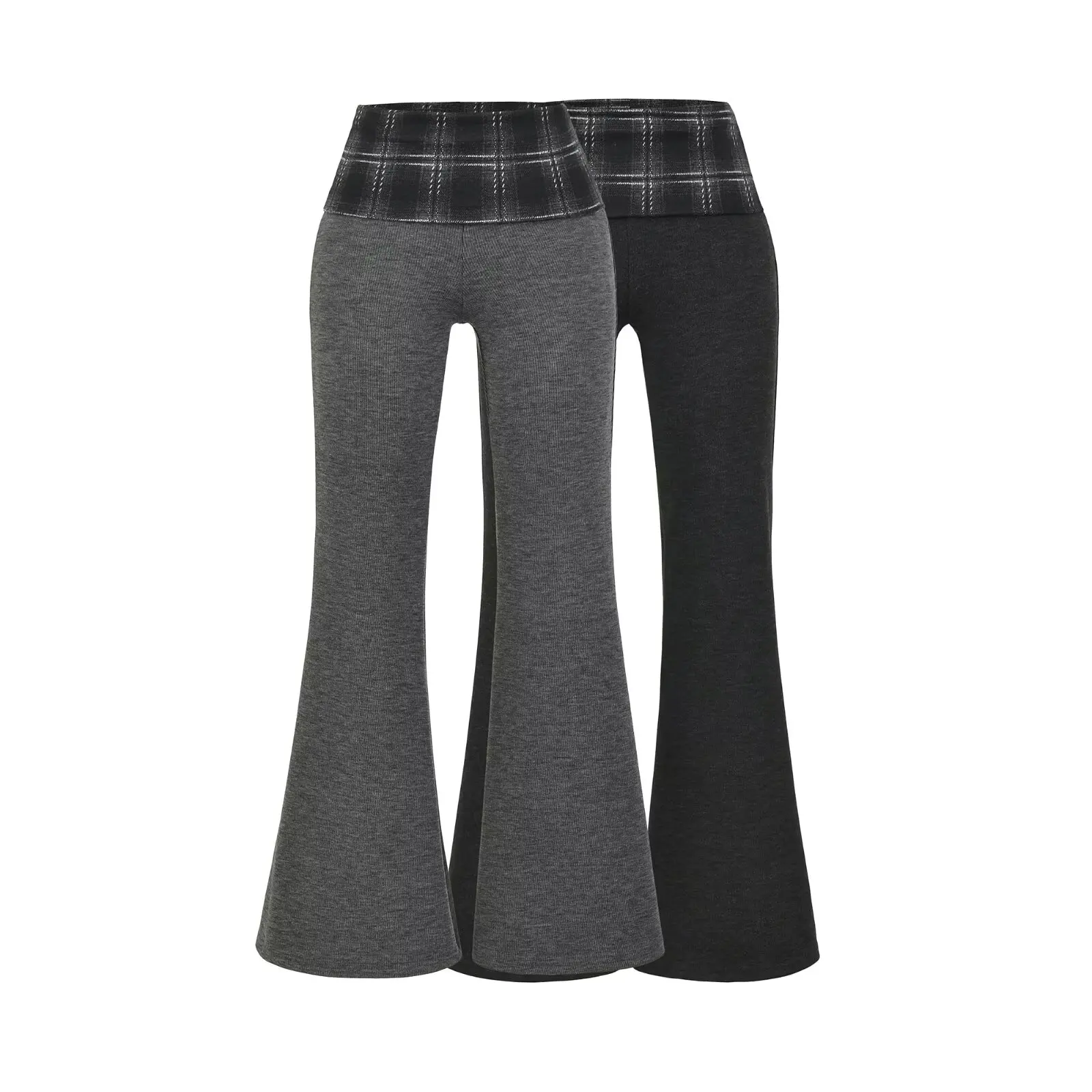 

High Waist Thiened Plaid Patchwork Casual Pants Long Dragging Legs Lengthening Thiened Micro Flared Drapey Cheered Pants