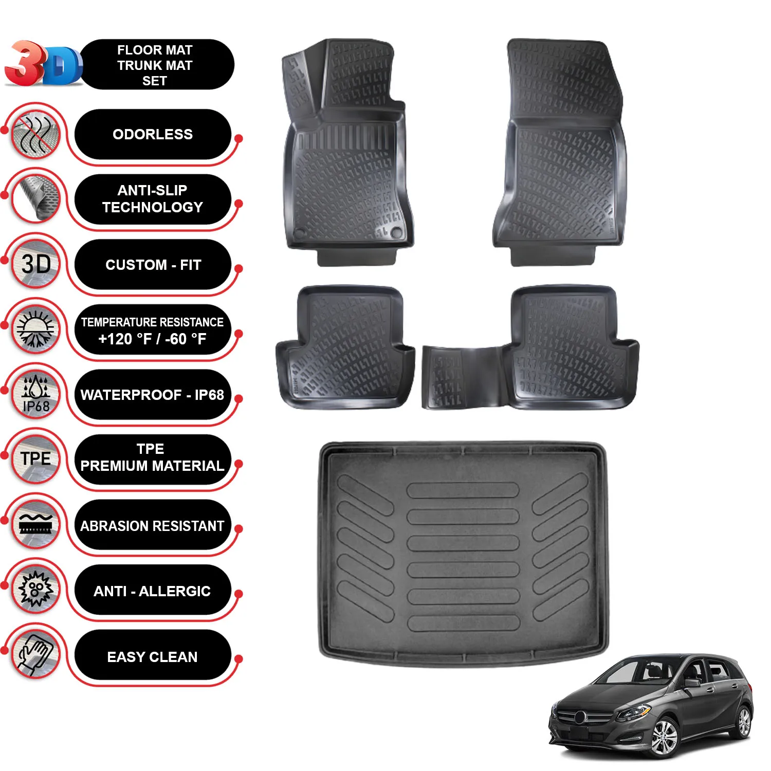 

Mercedes B Class W246 - (2012-2018) - Floor Mats + Cargo Trunk Liner - SET