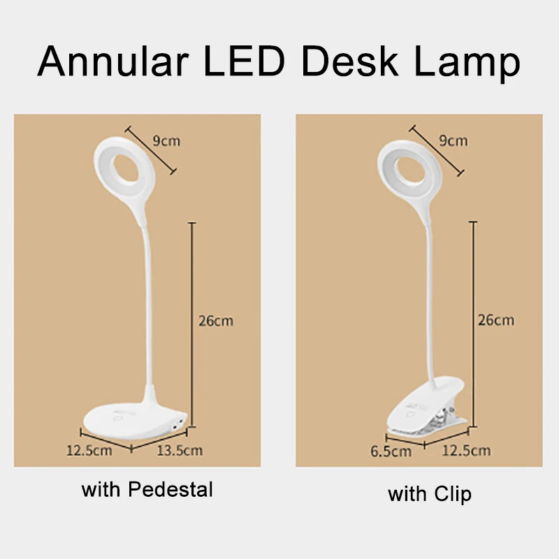 USB Table Lamp LED Study Table Light with Clip Makeup Desk Lamp 3W Circle Light with 1200mah Rechargable Battery for Bedroom