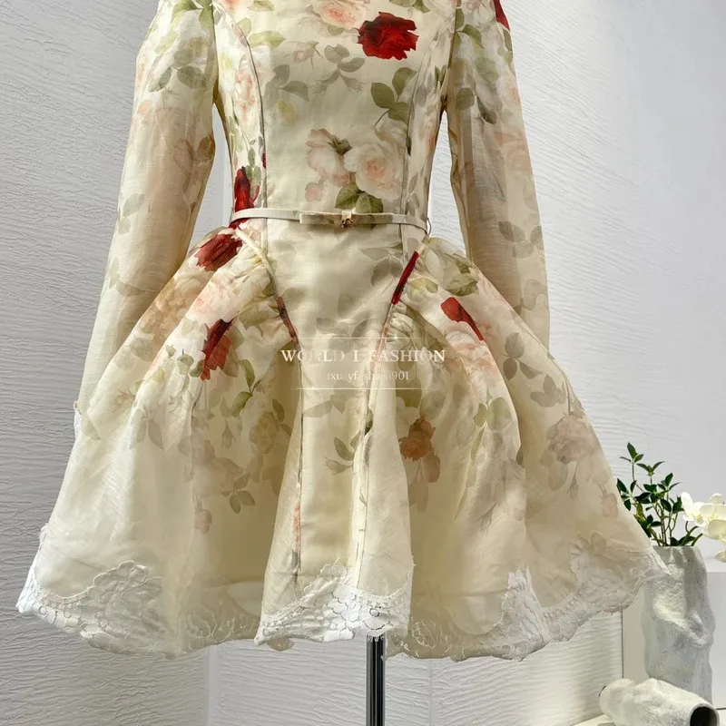 린넨 실크 고품질 베이지 로즈 플로럴 프린트 롱 슬리브 미니 드레스 2025 신상품