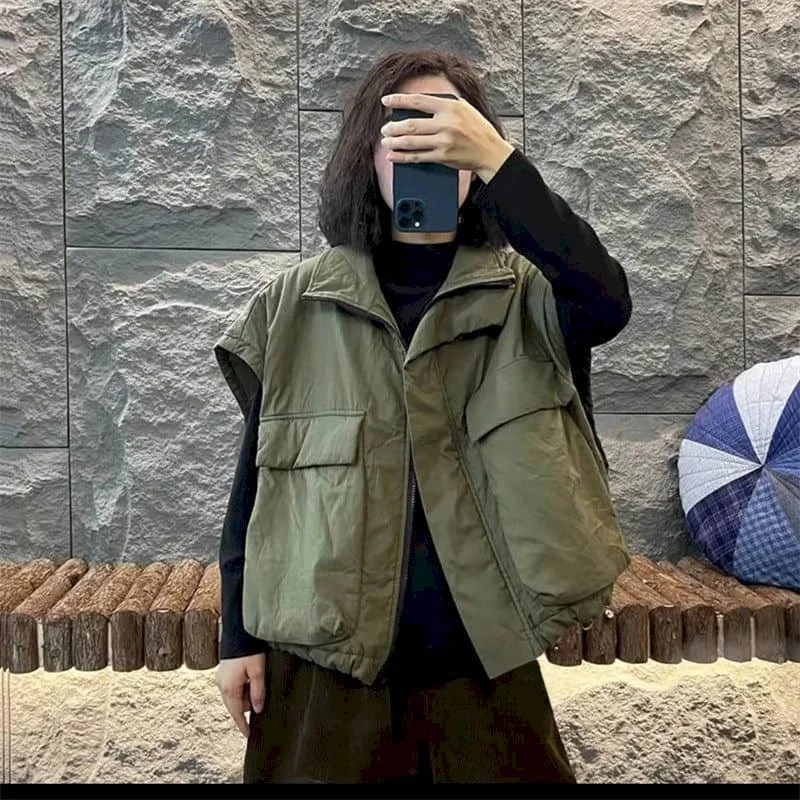 

Workwear Waistcoats for Women Japanese Style Adding Cotton Solid Color Vest Casual Sleeveless Cardigans Vintage Loose Women Tops