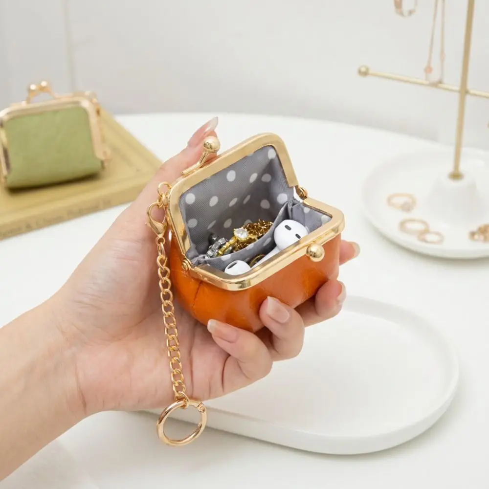 Elegant With Keychain Kiss Lock Coin Purse Polka Dot Mini Leather Jewelry Bag Solid Color Wallet Small Item Bag Storage