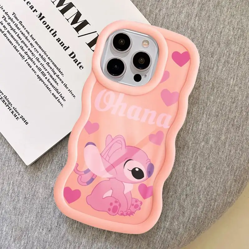 Luxury Disney Love Angel Stitch Couple Macaron Waves Phone Case for iPhone 15 14 13 12 11 pro Max XS XR X 7 8 plus Candy Cover