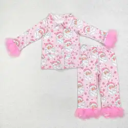 Wholesale Hot Sale Toddler Baby Girl Christmas Santa Pajamas Clothing Kids Long Sleeves Tops Fur Sets Children Sleepwear Outfits