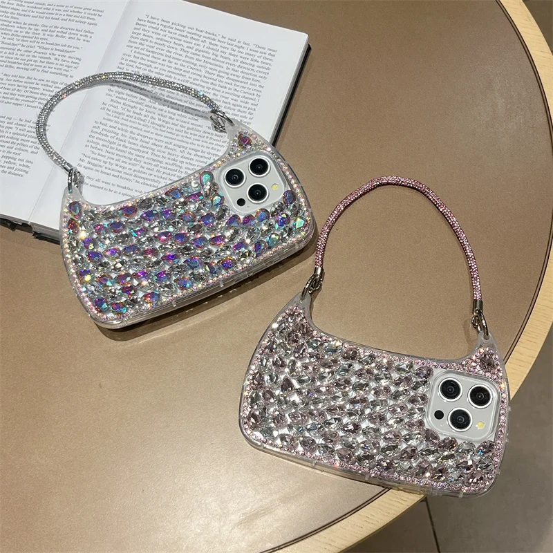 Luxury Bling Rhinestone Hand Bag For iPhone 16 Pro 15 14 13 Pro Max 12 Phone Case Silicone Cute Cases For Apple 15Pro max Funda