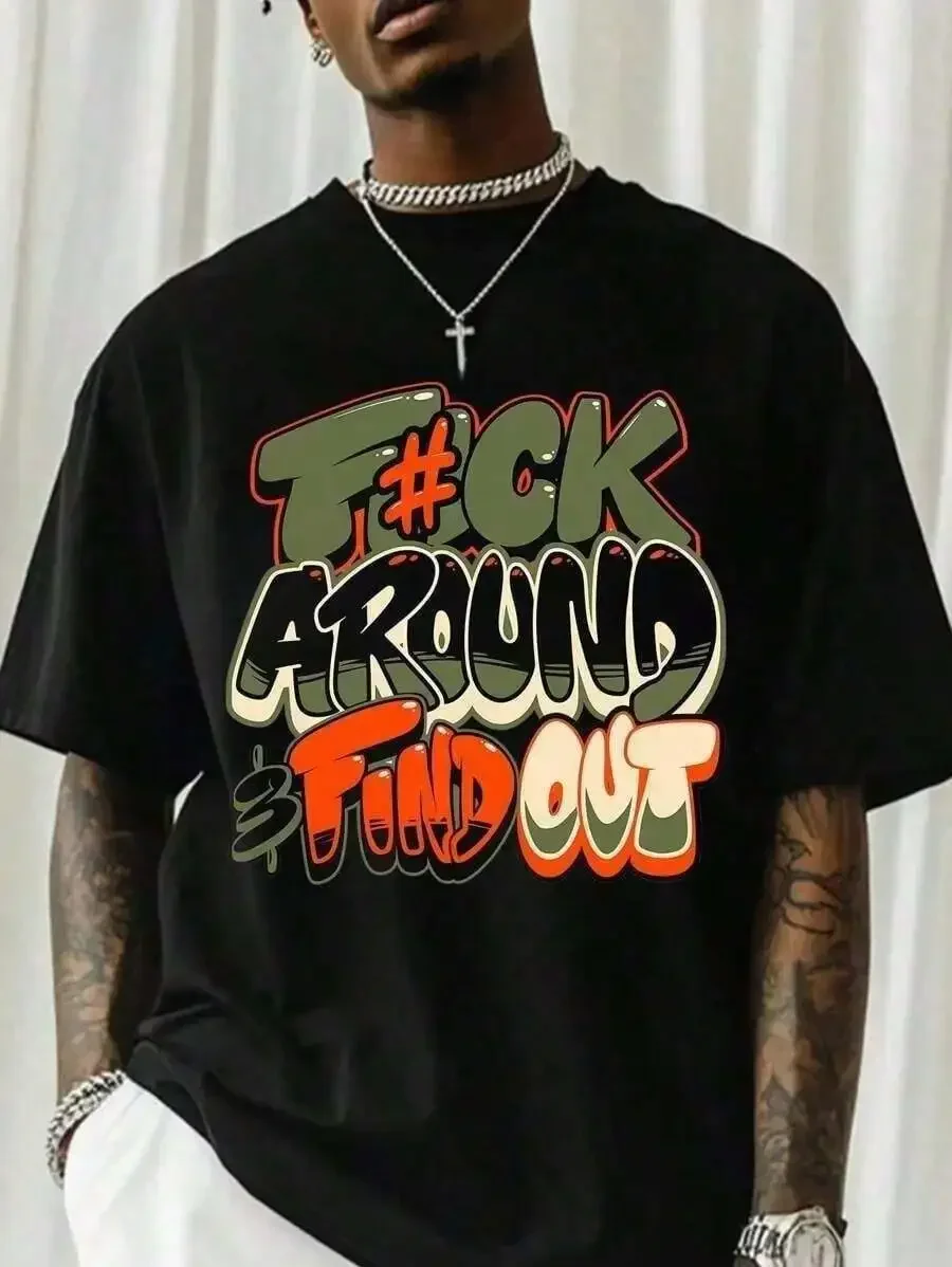 'F@K AROUND & FIND OUT' Graphic T-Shirt -Crew Neck T-Shirt With Bold Orange And Green Graffiti Print, Breathable Short Sleeve Sh