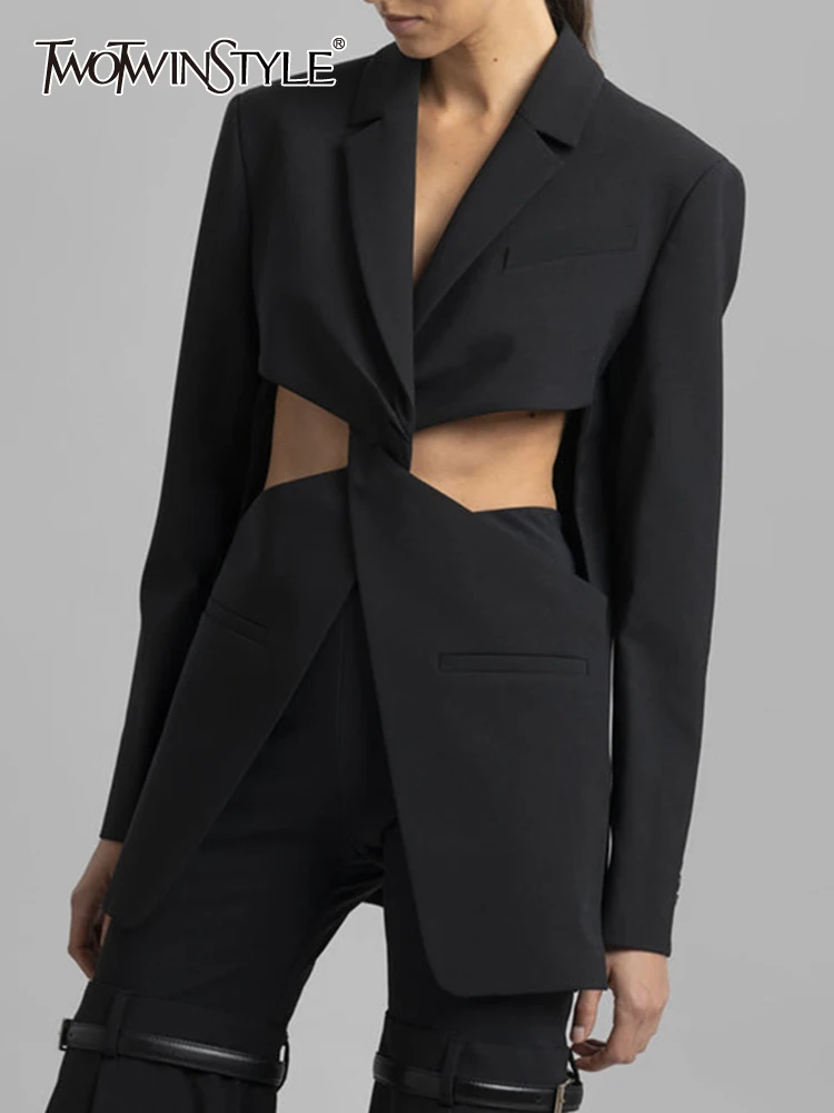 TWOTWINSTYLE-Blazers ahuecados sólidos para mujer, Blazer largo sin mangas con cuello con muescas, pliegues de retazos, elegante, ropa femenina