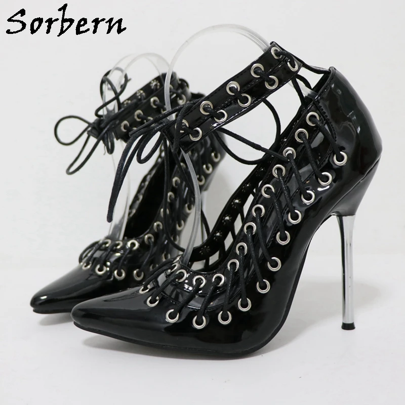 

Sorbern Lace Up Metal High Heel 12cm Shoes For Women Pointed Toe Ankle Strap Ladies Party OL Shoes Sissy Boy Multi Colors