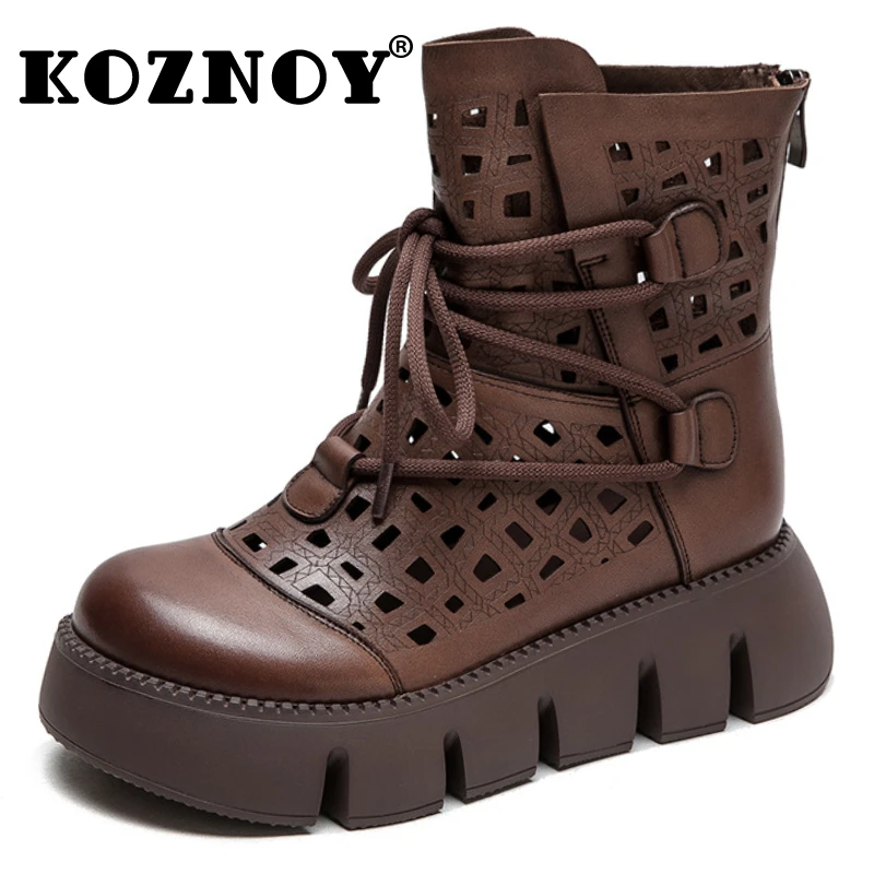 

Koznoy 5cm Genuine Leather Sandals Ankle Booties Motorcycle Natural Boots Women Hollow Chimney Moccasins Fashion Summer Shoes