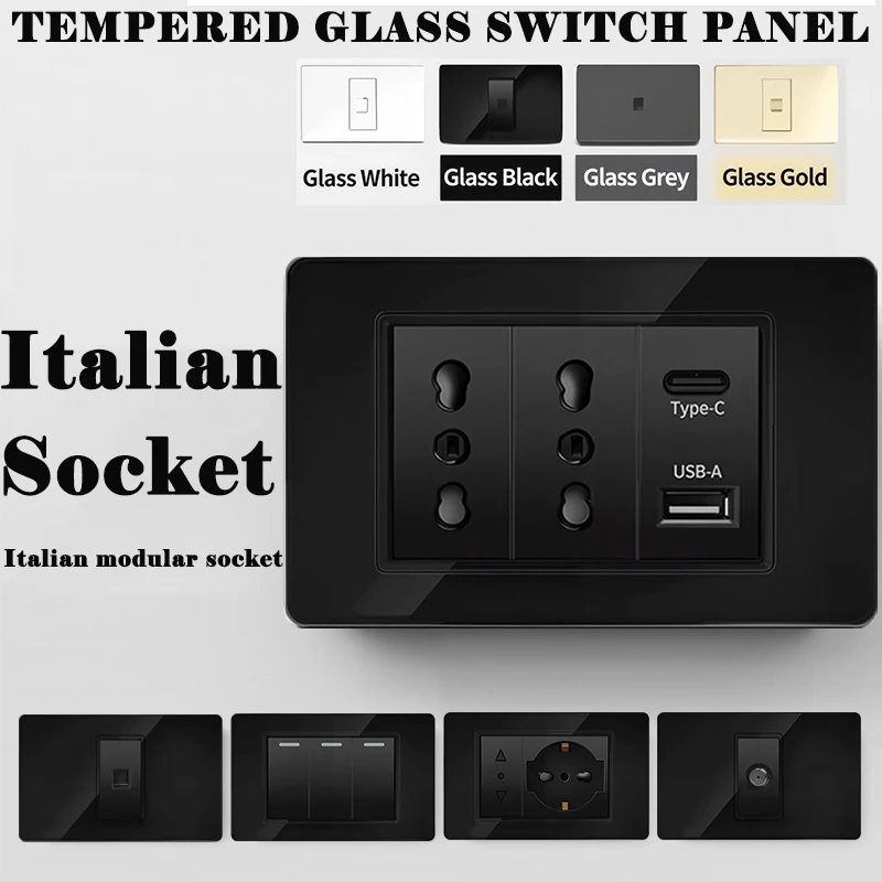Italy Power Socket 118 Series Tempered Glass Panel with USB Chile Type-C 20W Fast Charging 16A for Home Office Use Wall Switch