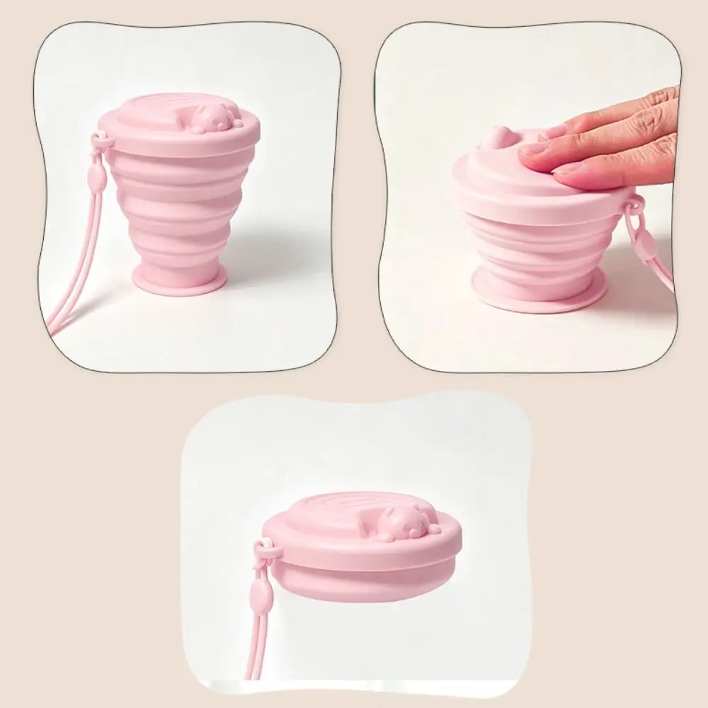 Silicone Collapsible Water Cup Cartoon Bear Lid with Wrist Strap Folding Water Bottle Leakproof Portable Portable Drinking Cup