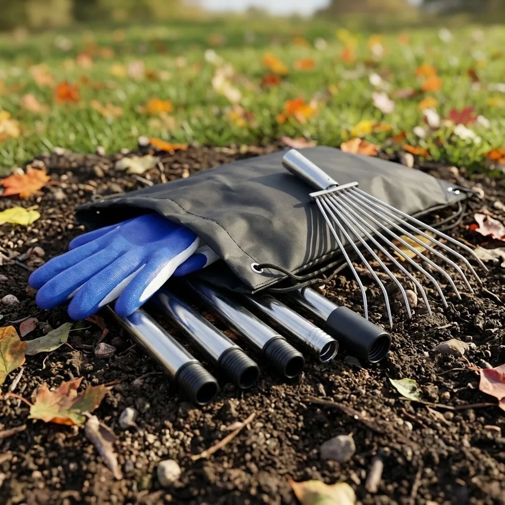 8 Tine Stainless Steel Hay Rake With Extendable Handle For Garden Leaf Clamming Livestock Weeding Soil Loosening Tool With Glove