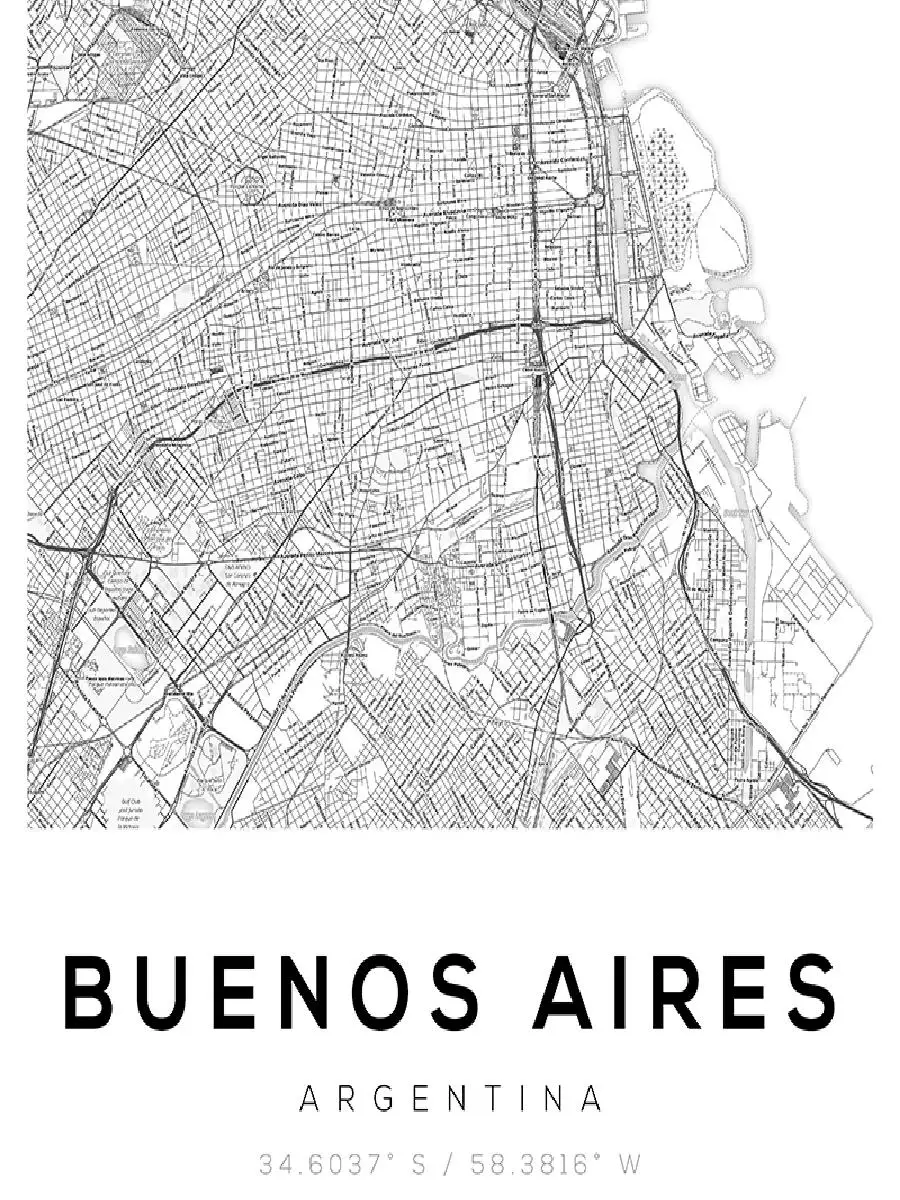 Argentina Buenos Aires City Road Map Poster  Black  White Modern Minimalist Wall Art Canvas Print for Home Room Decor