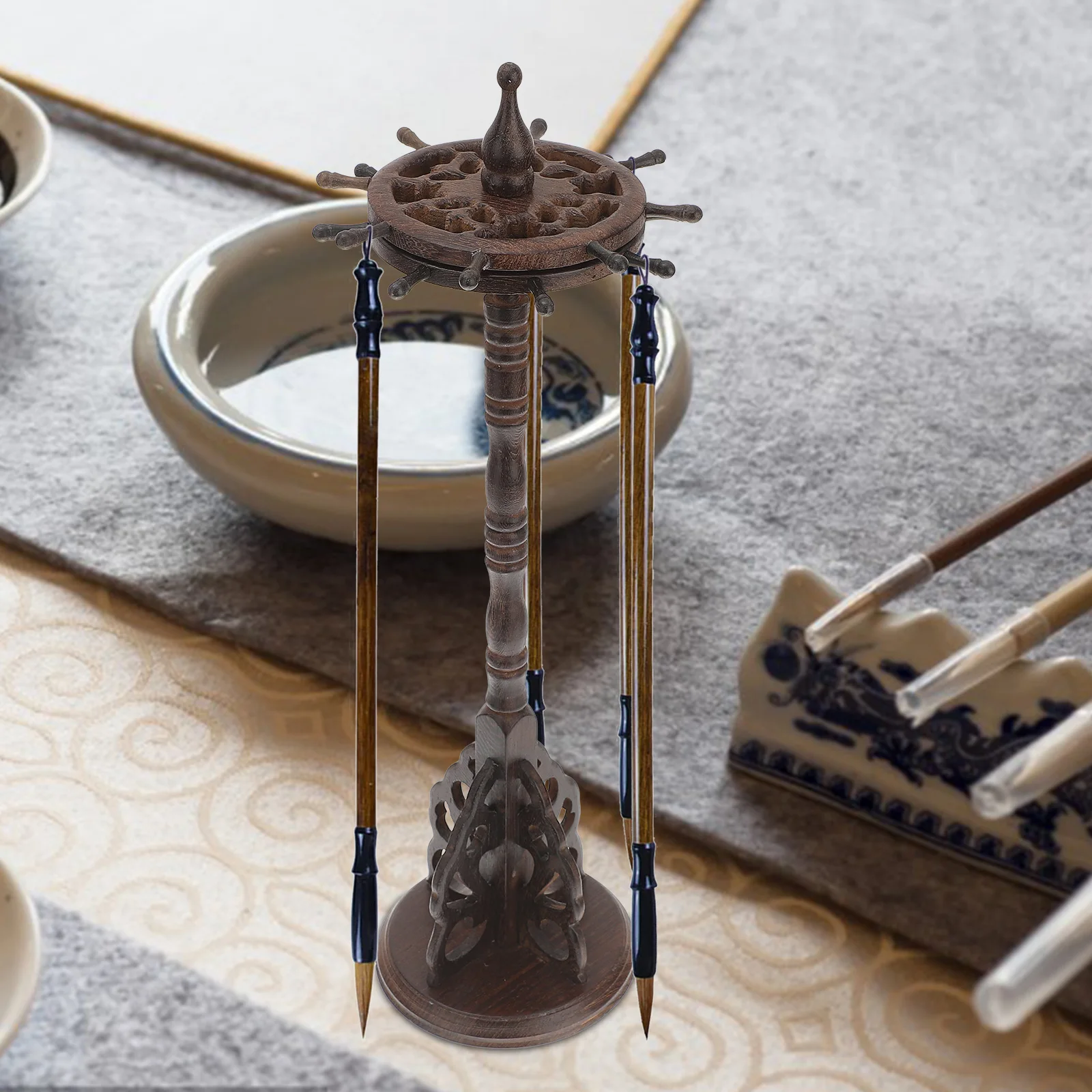 Wooden Pen Rack Desktop Decor Round Base Brush Holder Durable Desk Decor Practical Storage Solution Supplies