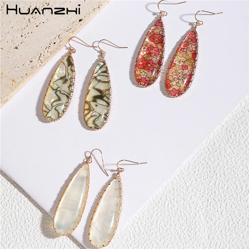 HUANZHI Vintage Water Drop Shaped White Shell Long Earring Transparent Resin Flower Minimalism Large Jewelry for Women 2024 New