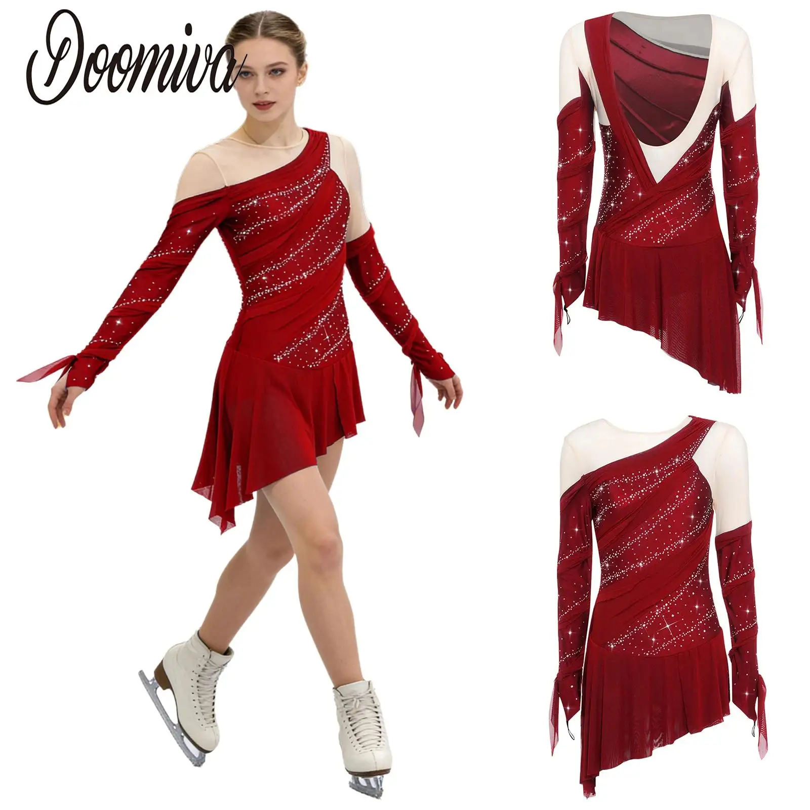 

Женское платье-купальник для выступлений по фигурному катанию и лирическому танцу, с длинными рукавами, стразами, открытой спиной и сетчатой юбкой