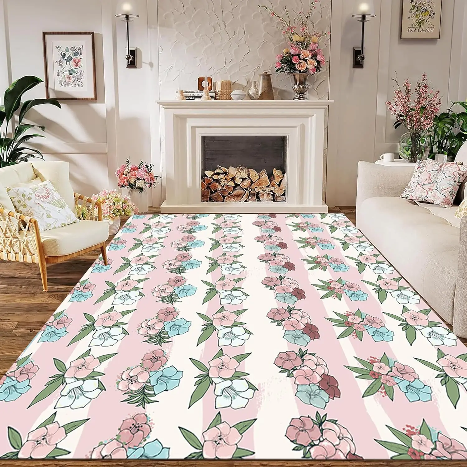 Machine Washable Floral Area Rugs,Pink Trumpet Flowers Rug with Non Slip Backing,Bohemian Pink White Blue Floral Girls Bedroom