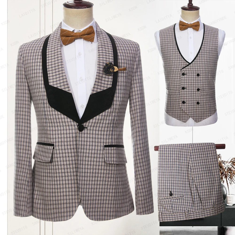 

2023 Latest Formal Fashion Men Linen Suits Khaki Reto Classic Plaid Black Lapel Groom Wedding Tuxedo 3 Pcs Set Jacket Vest Pants