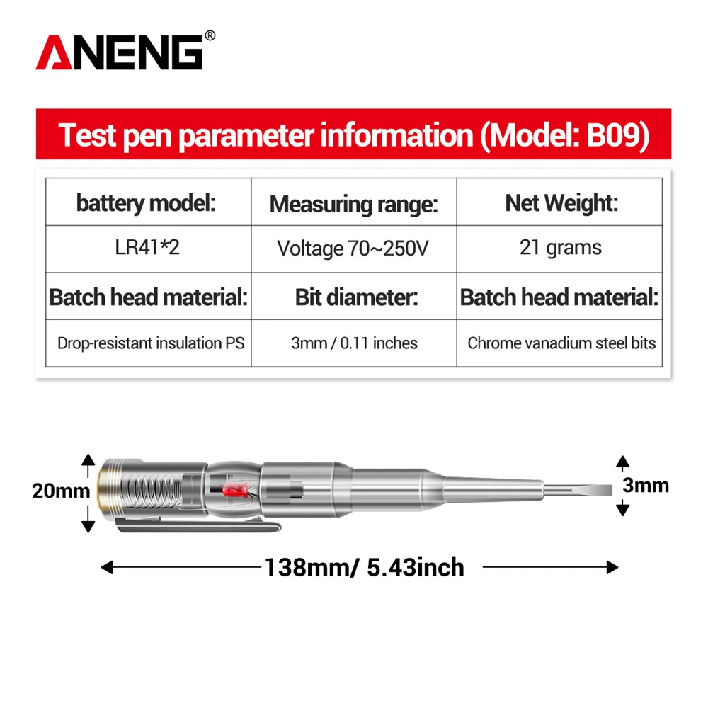 ANENG B09 Electrical Test Pen One Word Bit Screwdriver Non-contact Induction Intelligent Voltage Indicator Light Tester Pen Tool