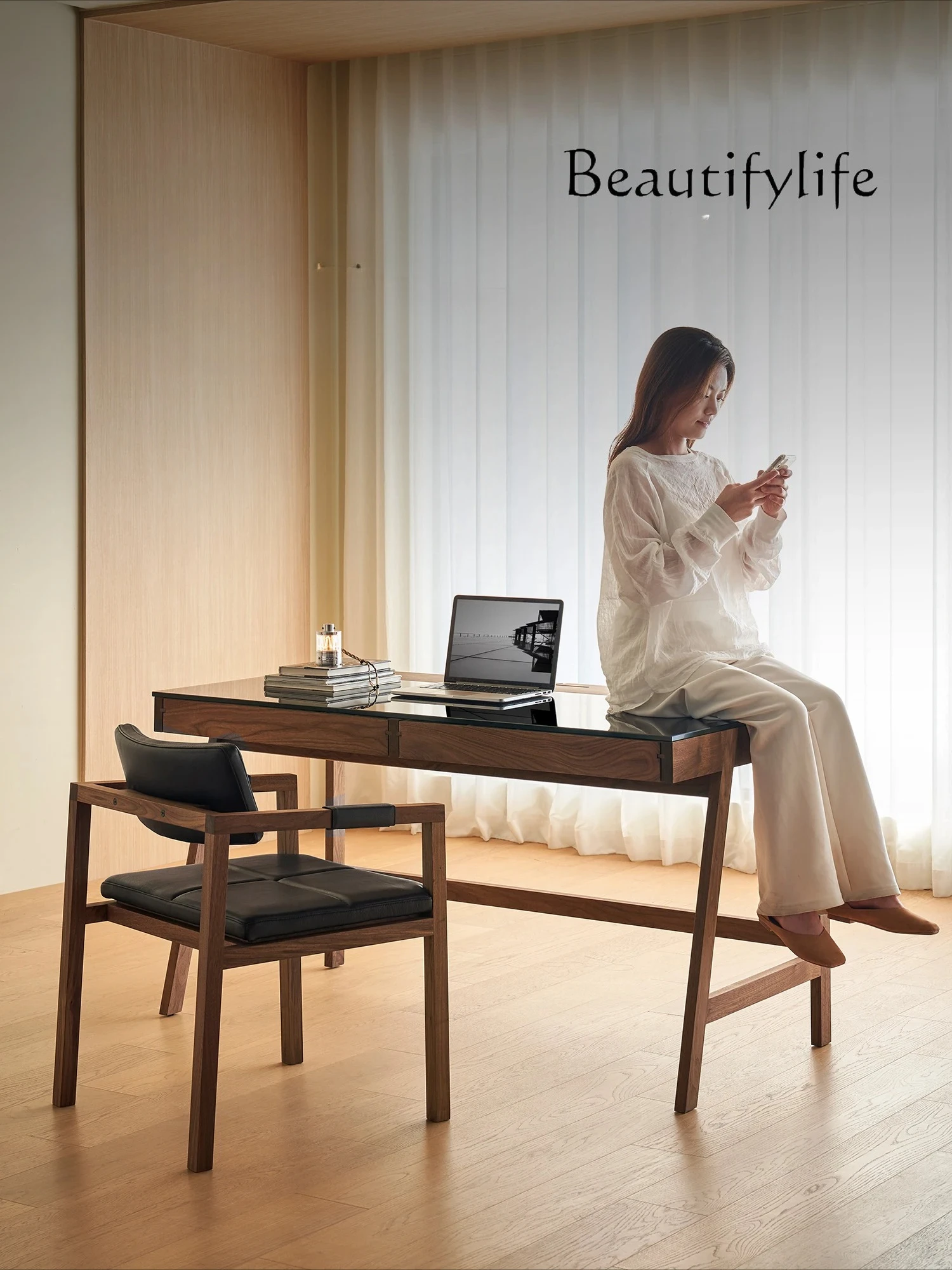 

X /Yazheng Black Walnut Desk Solid Wood Computer Desk Home Study Table Glass Desktop Workbench