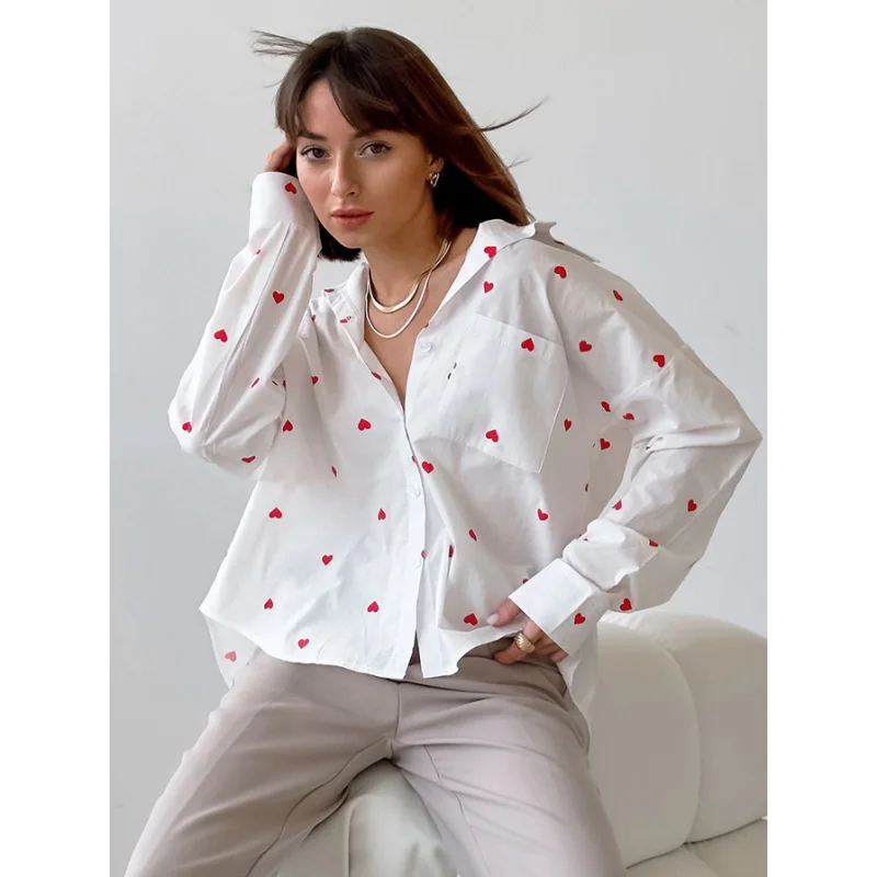 Camisa de solapa de lino y algodón con estampado en forma de corazón para mujer, nueva moda de primavera, venta al por mayor, TopYy18