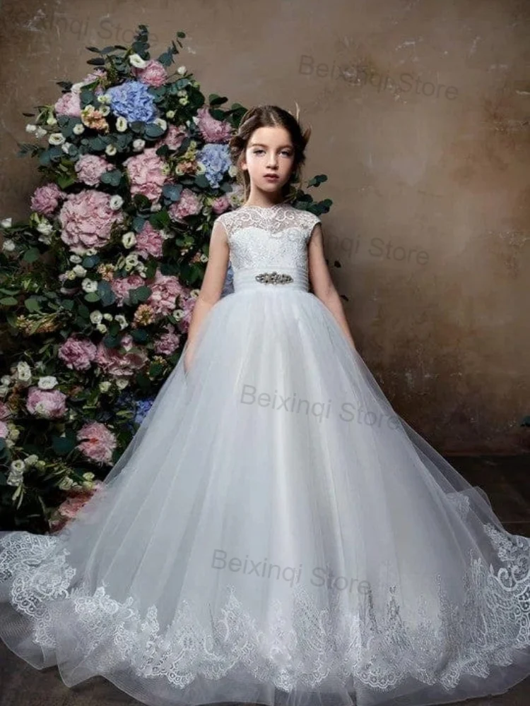 White Girls Elegant Dresses New Product Child Wedding Dress Formal Occasion Girl Birthday Tulle Appliques Lace Prom Party Gown