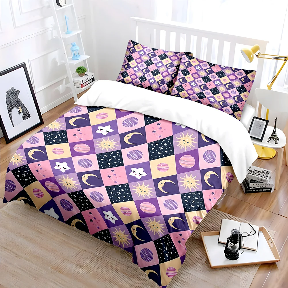 Chessboard Pattern with Stars and Planets Bedding Set for Kids Luxury Gift 3pcs Digital Print Comforter Set Soft Comfortable