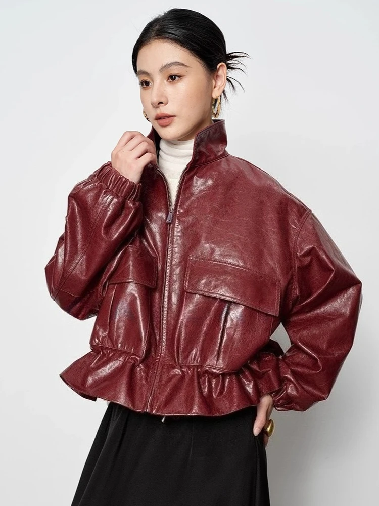 

Vintage Short Genuine Leather Jackets for Women Spring Autumn 2026 High-end Simple Loose Solid Soft Real Goatskin Leather Coat