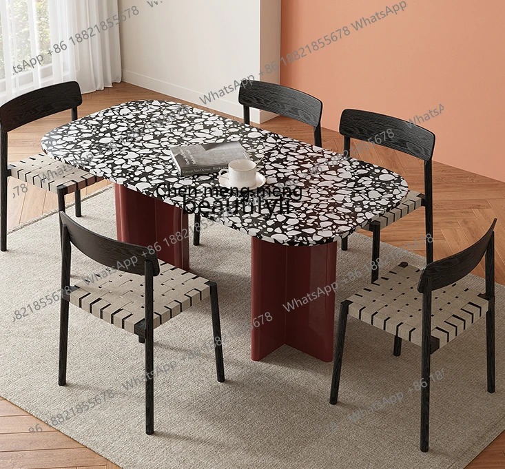 Nordic Modern Minimalist Terrazzo Stone Plate Dining Tables and Chairs Set Household Small Apartment Rectangular Dining Table
