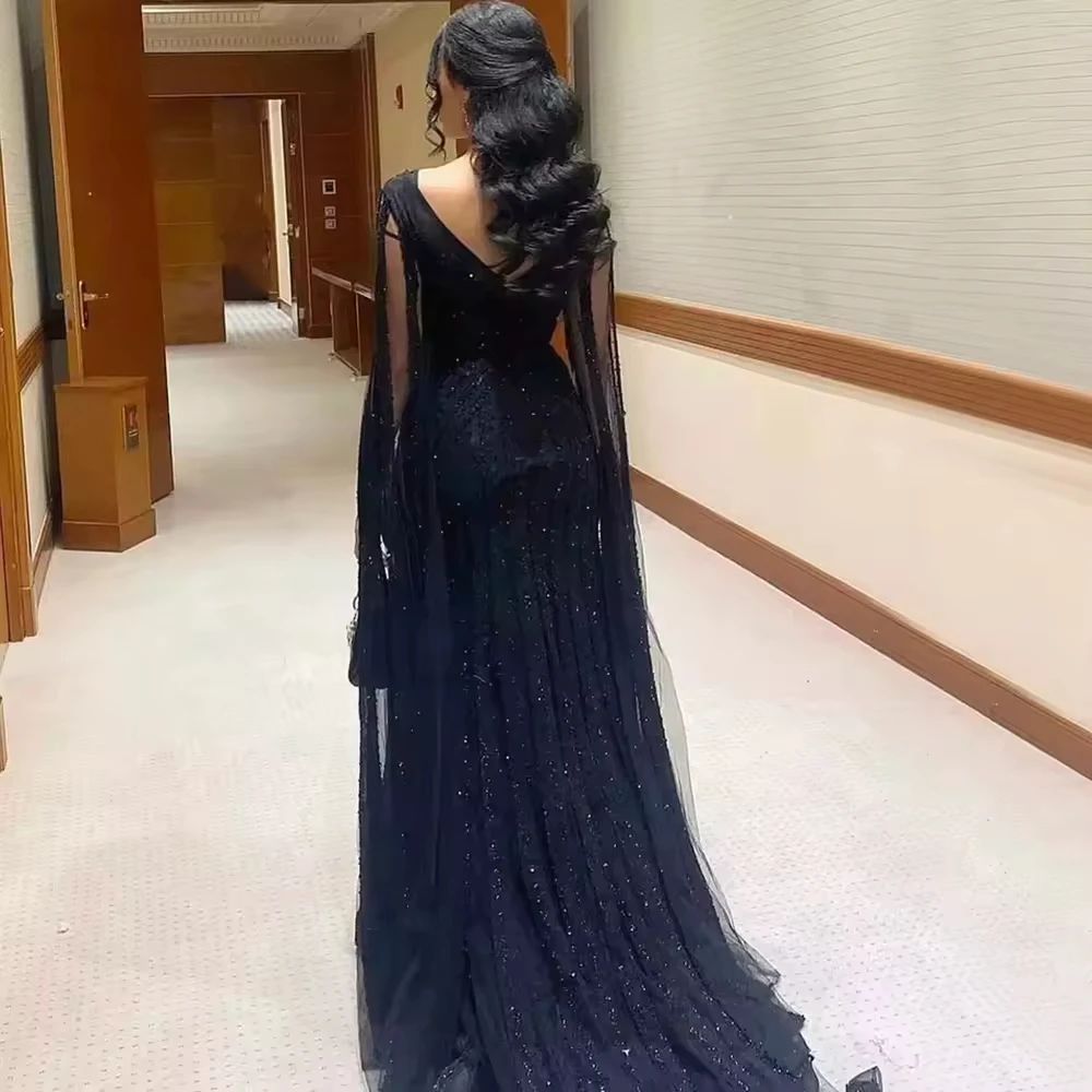 Simin Black Arabic Cape Sleeves Luxury Beads Evening Long Dresses Serene Tulle Mermaid V-Neck Formal Party Gowns For Women