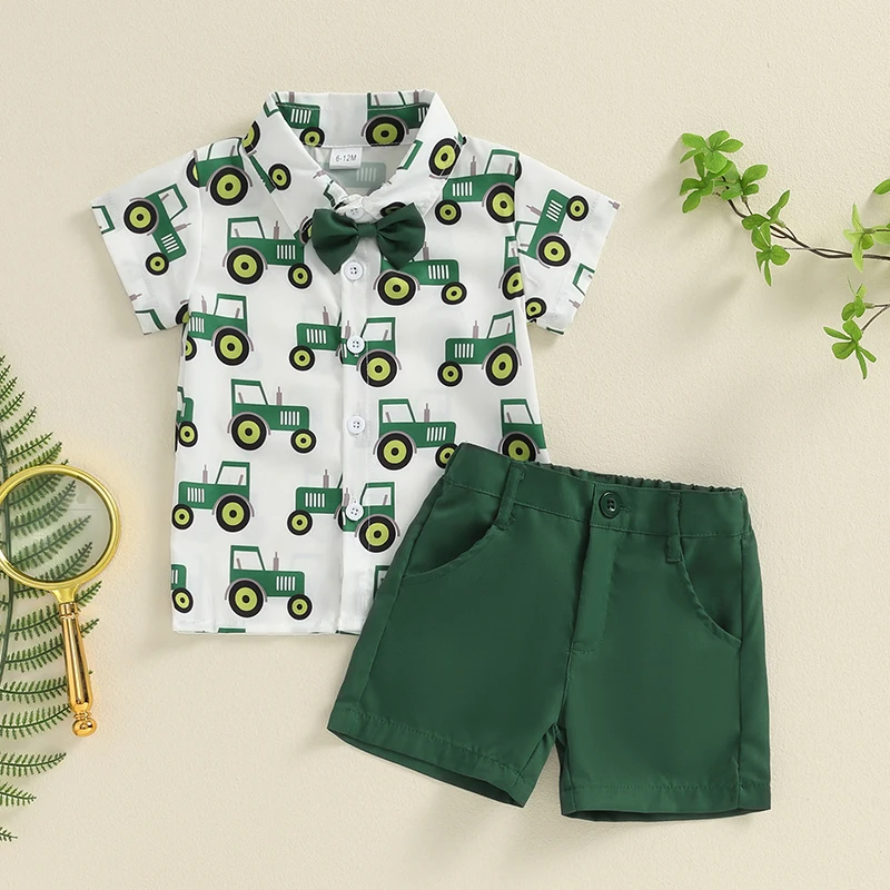 

2024-05-09 Lioraitiin Little Boys Farm Outfits Tractor Print Short Sleeve Lapel Button Down Shirt with Solid Color Shorts Sets