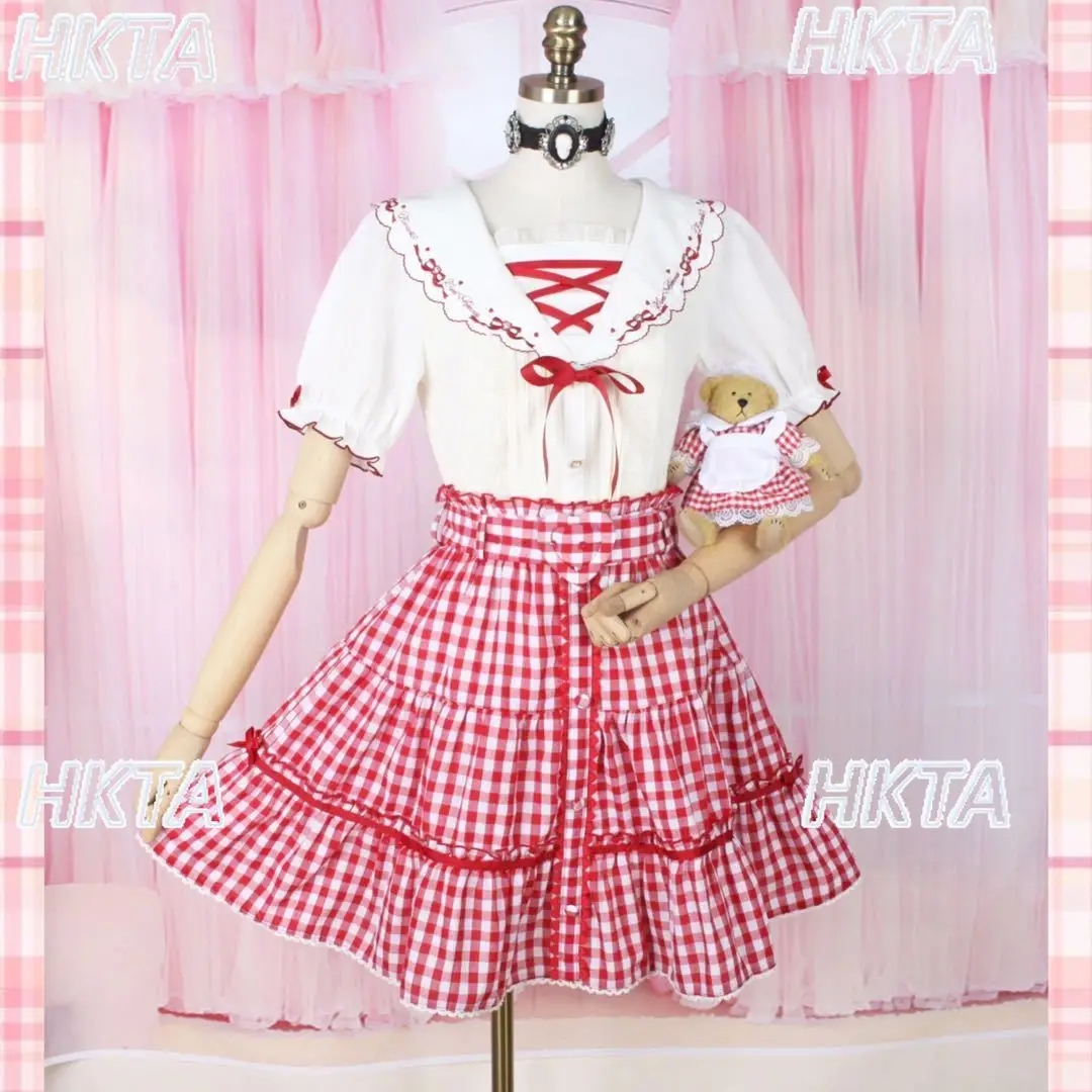 

Japanese Style English Embroidery Heart Button Sailor Collar Knitted Shirt Top Slim Waist Sweet Red Checked Skirts Set for Women