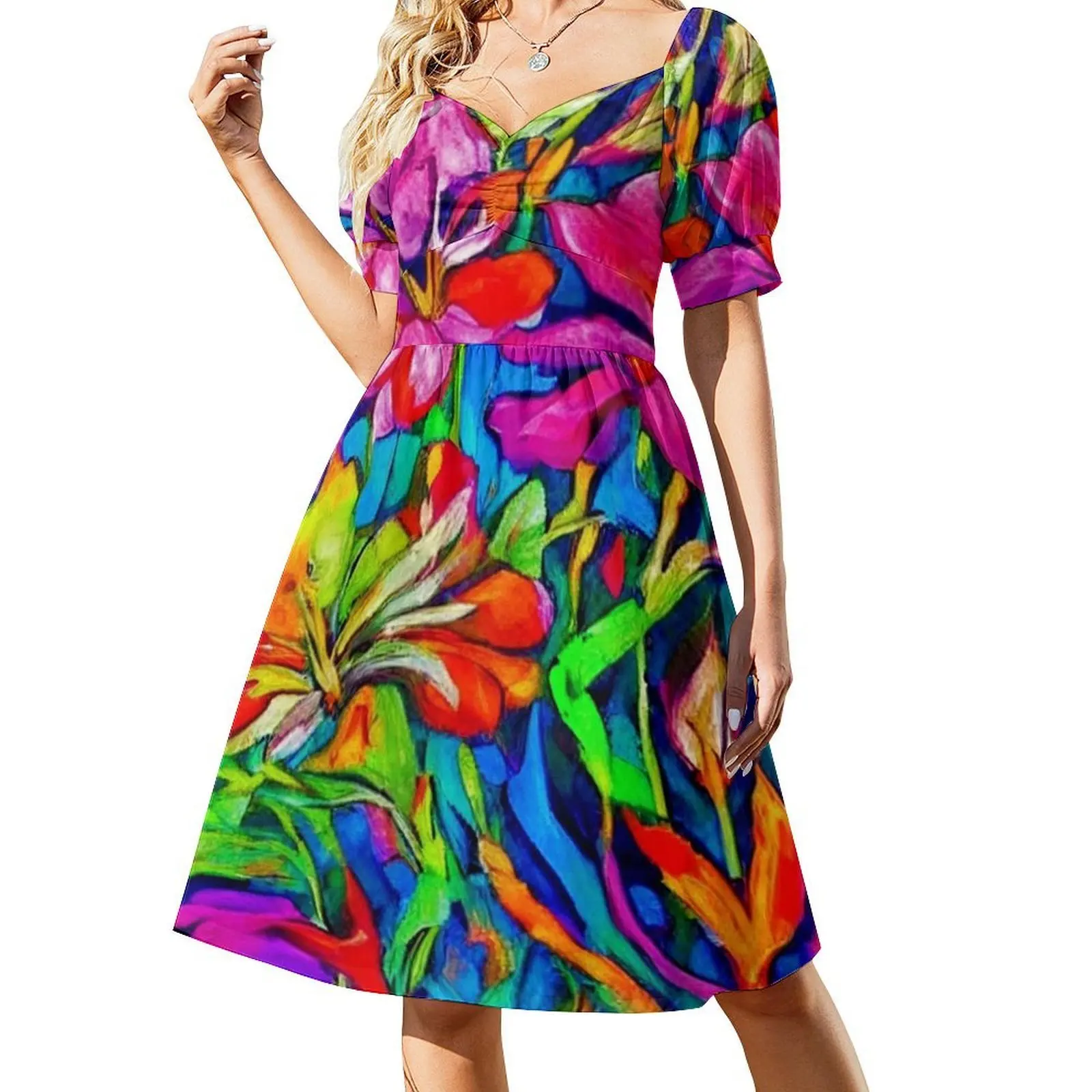 Gaun Leher Sweetheart Lukisan Cat Air Lily Gaun Pesta Musim Panas Elegan Untuk Wanita Motif Bunga Trendi Bunga Lily Modis