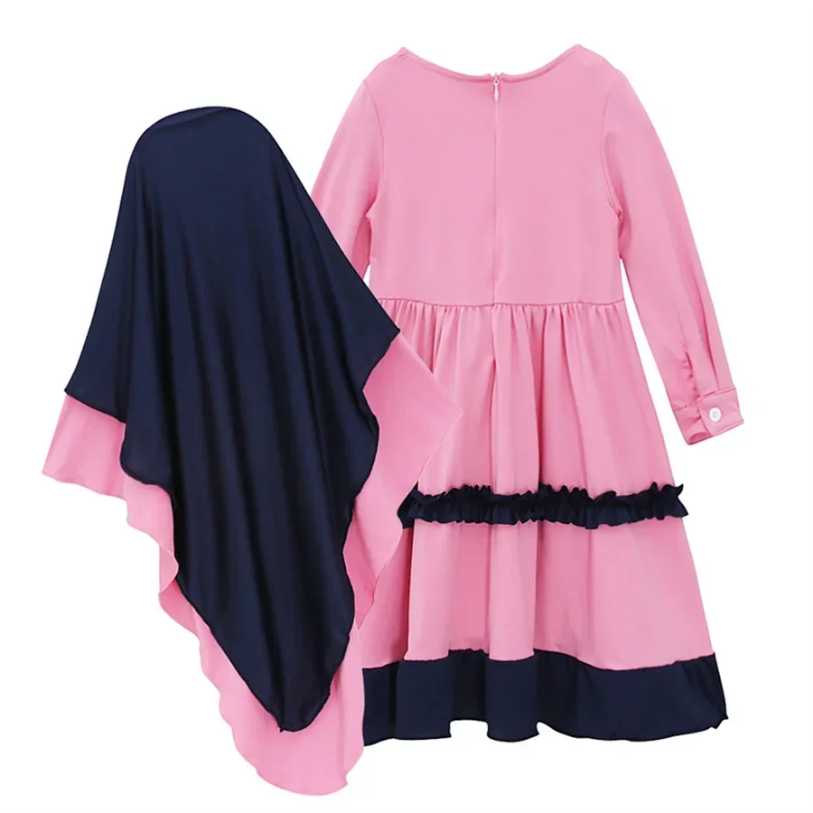 Pink Kids Abaya Ramadan Turkey Muslim Spring Hijab Maxi Dress Set Children Islam Clothing Eid Robe Gowns Girls Prayer Caftan