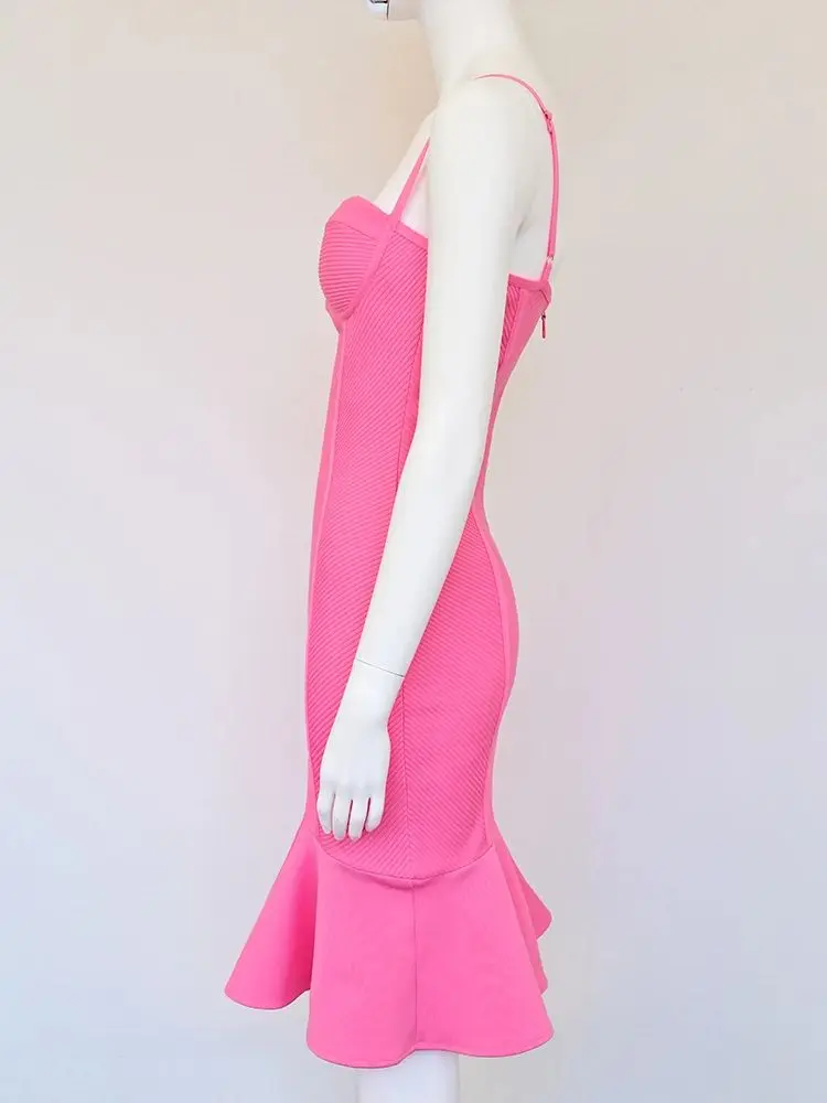 جديد السباغيتي الوردي مثير المرأة الكشكشة ضمادة فستان بوستير ذيل السمكة الفاخرة فستان الحفلات سيدة ميسي سليم Vstidos مساء