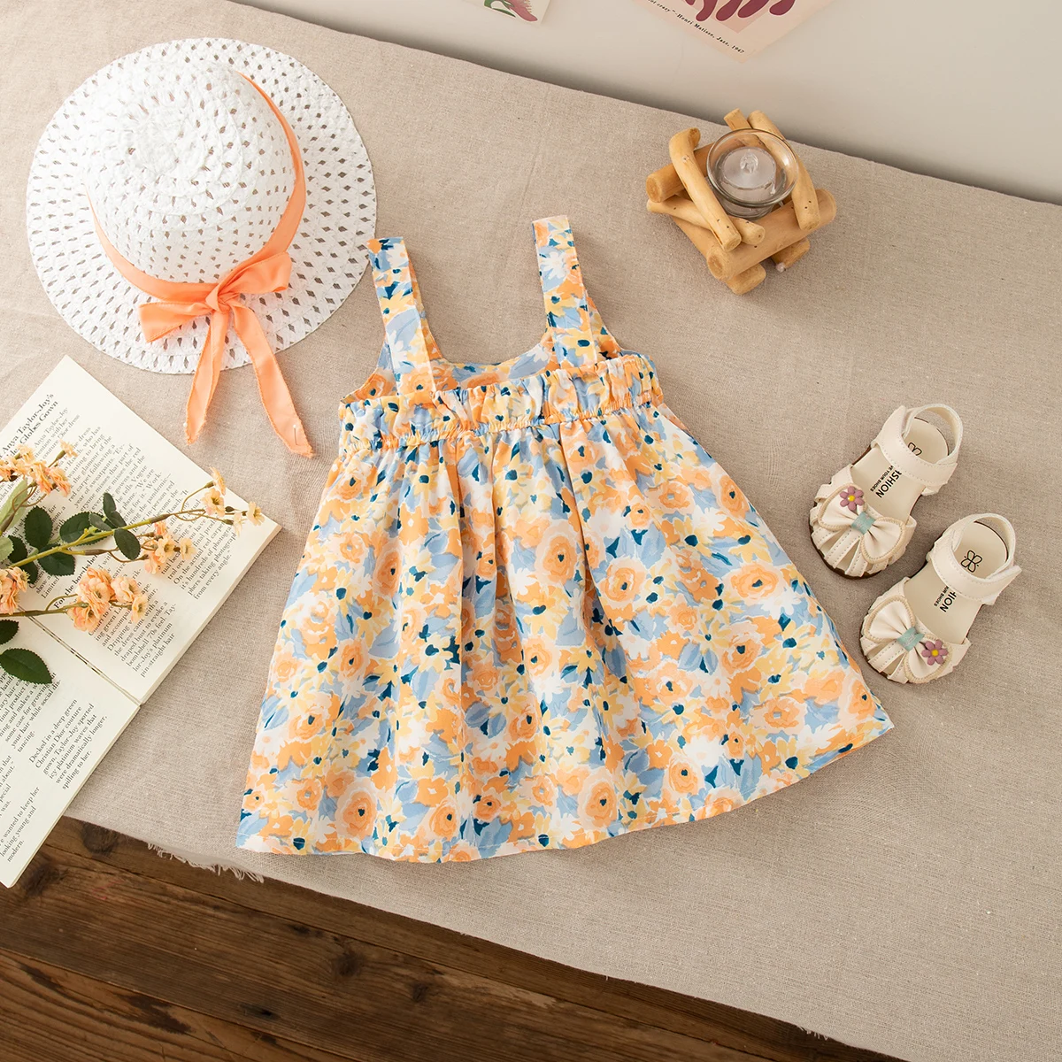 Summer Baby Girl Outfit Set Send A Hat Korean Style Fashionable Orange Big Bow Floral Printed Toddler Beach Dress