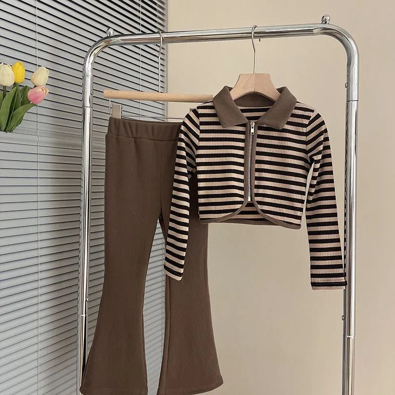 New Spring Autumn Girls Suit Baby Striped T-shirt + Flared Pants 2pcs Girl Long Sleeved Outfits Kids Clothing Sets 2 6 8 10Year