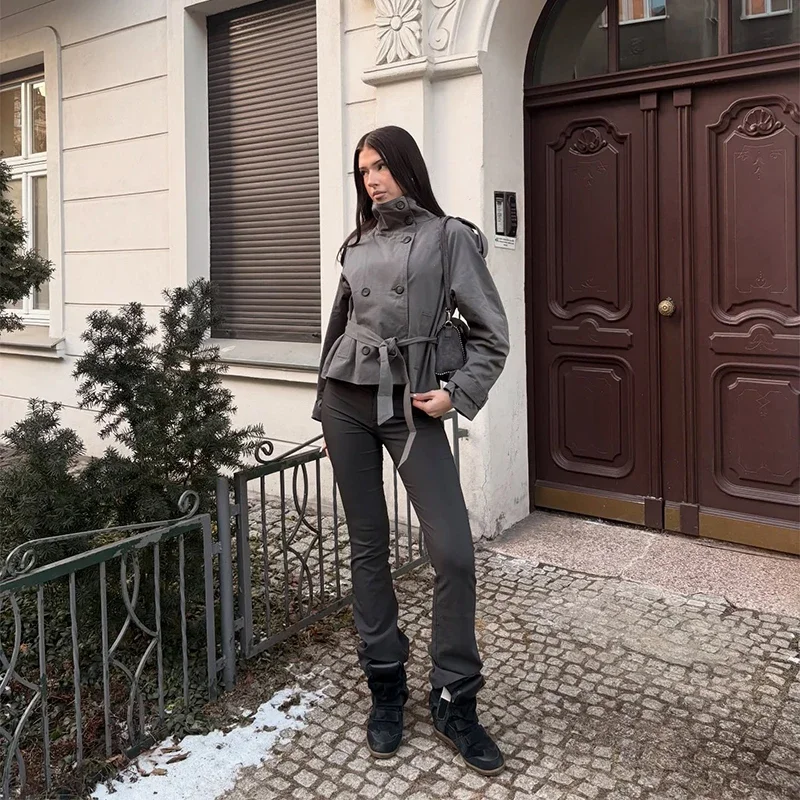 Frühlings-Damen-Trenchcoat mit Schnürung, Stehkragen, Doppelreihiger Knopfverschluss, Stilvolle Neue Damen-Jacke mit Langen Ärmeln, Streetwear-Oberbekleidung – Detail 23