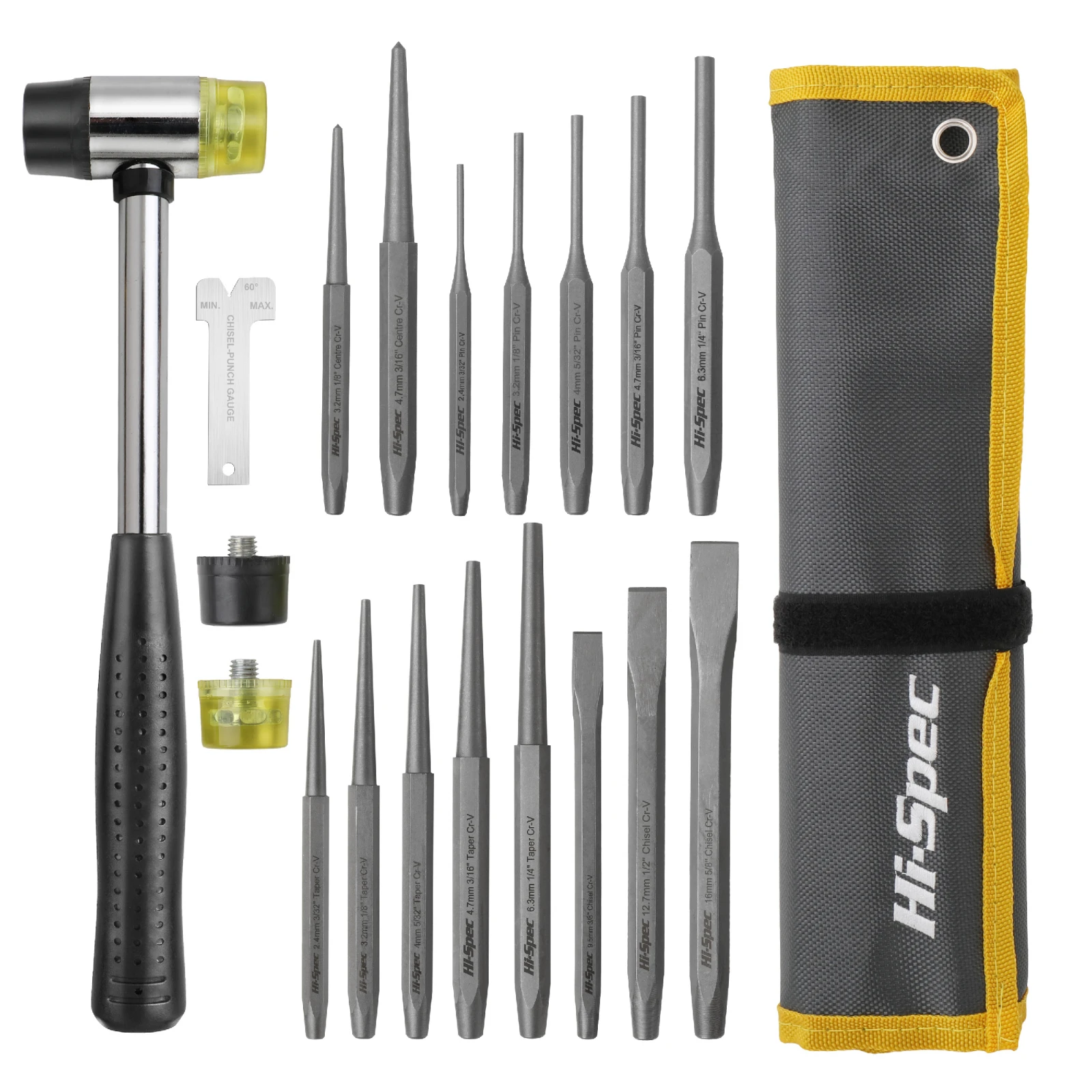 Hi-Spec Punch & Chisel Set Taper/pin/center Punches Double Side Steel Mallet Soft Hammer With Interchangeable Spare Mallet Heads