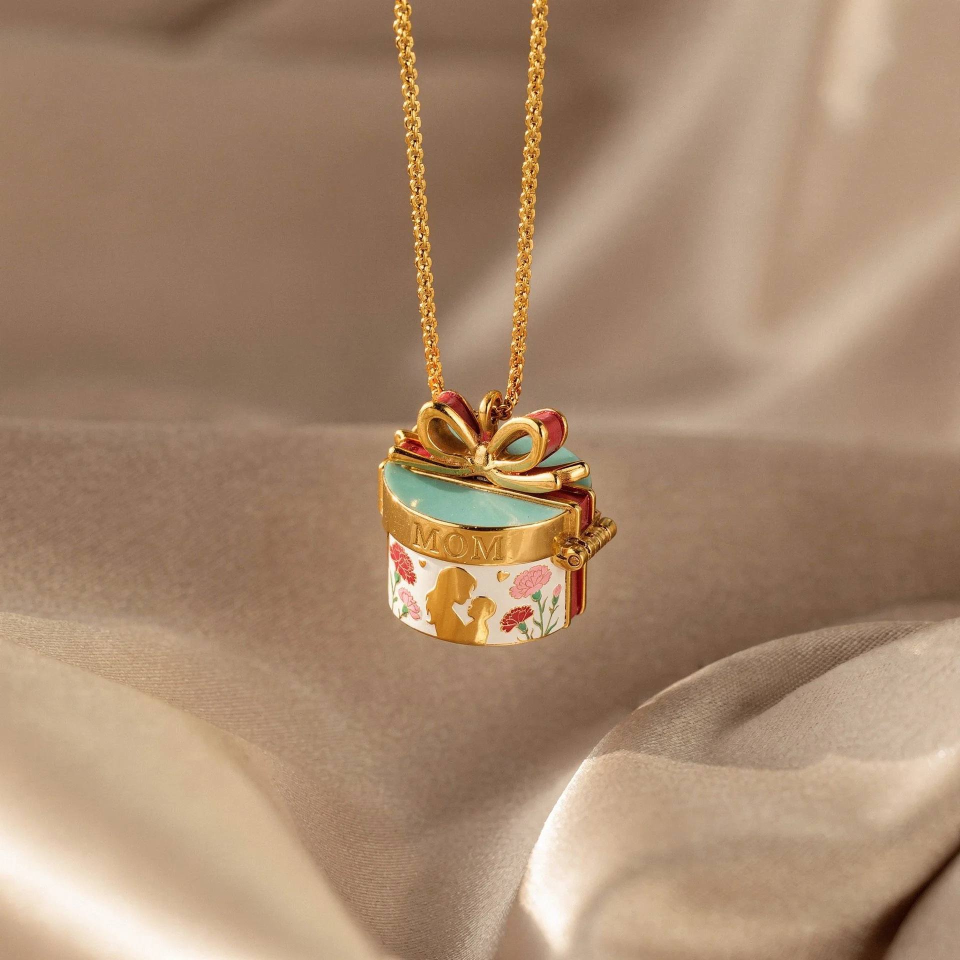 

New Bow Gift Box Shaped Necklace Painted Pendant Jewelry Gift For Mom necklaces and pendants collares para mujer