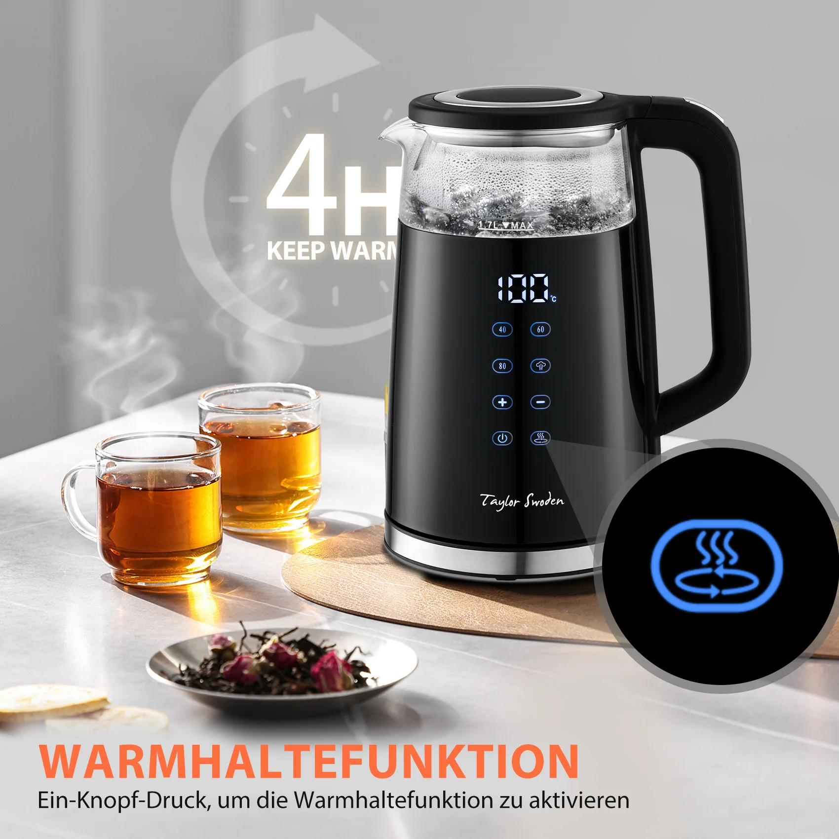 غلاية تايلور سوودن سعة 1.7 لتر مع التحكم في درجة الحرارة، شاشة عرض رقمية LED ذكية لدرجة الحرارة 40-100 ° ج، 2200 واط زجاج ستانلس ستيل