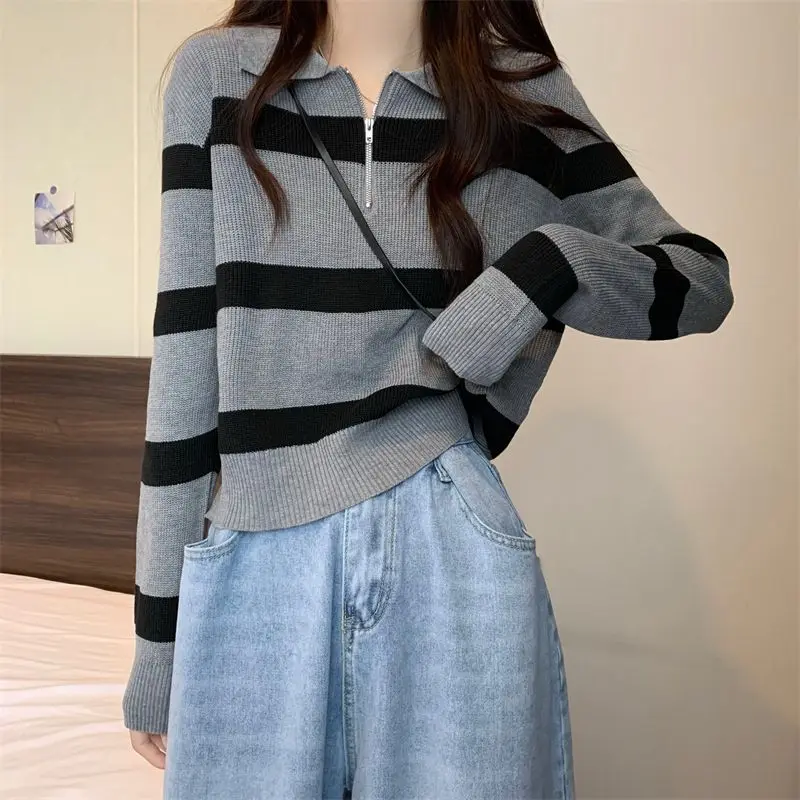 Pullovers Women Striped Students Tender Knitting Design Turn-down Collar Stylish Autumn Simple All-match Korean Style Classic