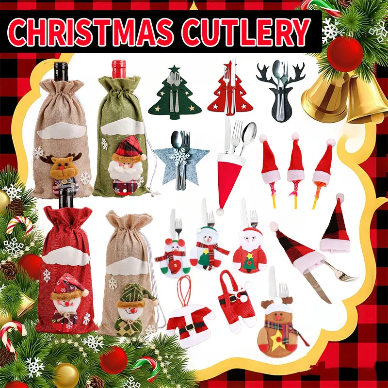 Christmas Cutlery Holder Bag Christmas Hat Fork Knife Xmas Tableware Wine Bottle Sleeves Cover Set For New Year Table Decoration