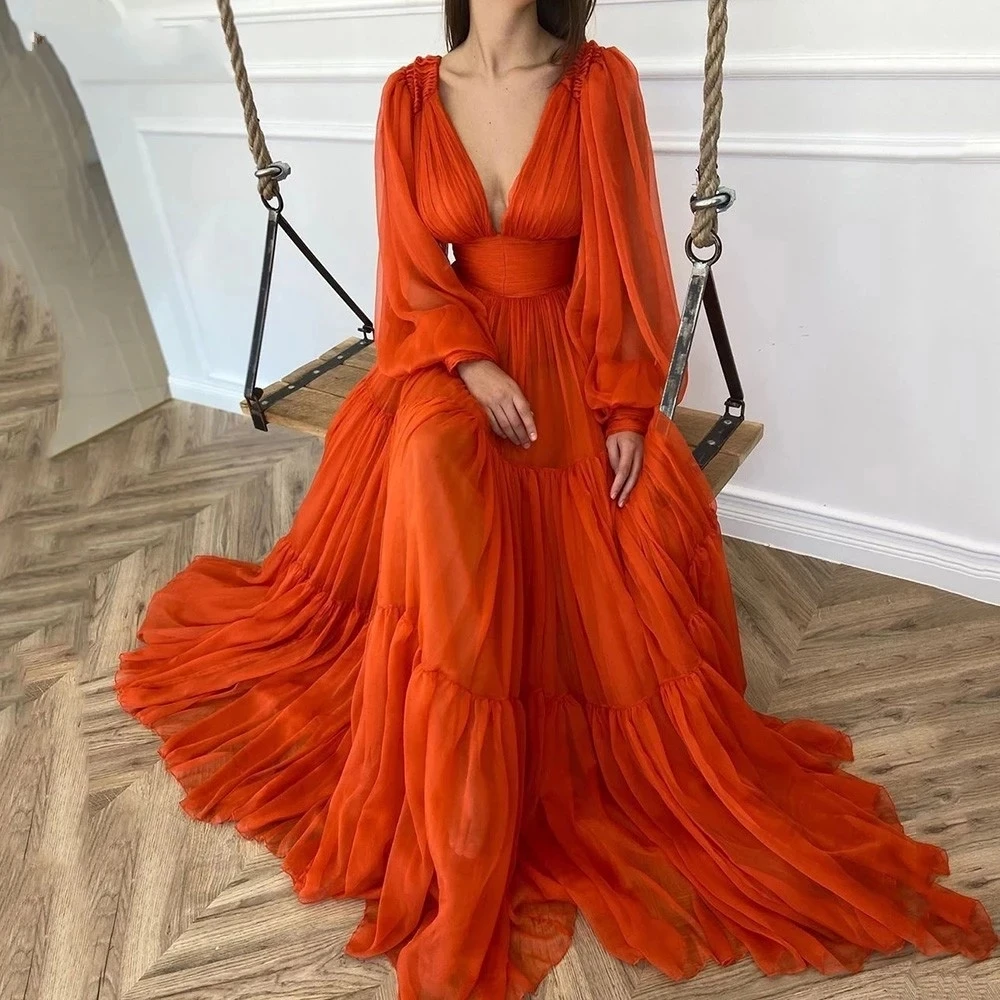 

GUXQD Orange Long Puffy Sleeves Prom Dresses Robe De Soiree Deep V-Neck Sexy Pleats Princess Women Formal Evening Party Gowns